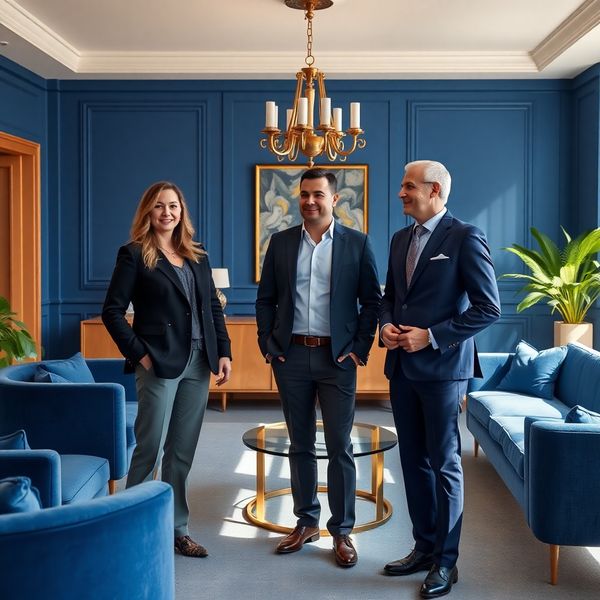 Tři finanční poradci v moderní kanceláři s indigo-modrým zařízením